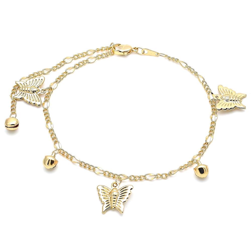 Gold Filled Charm Anklet Butterfly and Rattle Charm Design Polished Finish Golden Tone