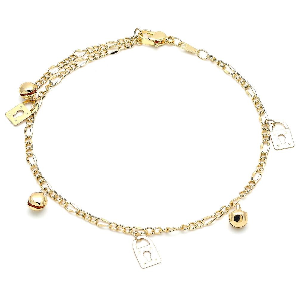 Gold Filled Charm Anklet Lock and Rattle Charm Design Polished Finish Golden Tone