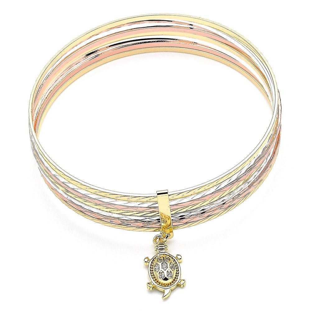 Gold Filled Semanario Bangle Turtle Design With White Cubic Zirconia Diamond Cutting Finish Tri Tone (02 MM Thickness, Size 6 - 2.75 Diameter)