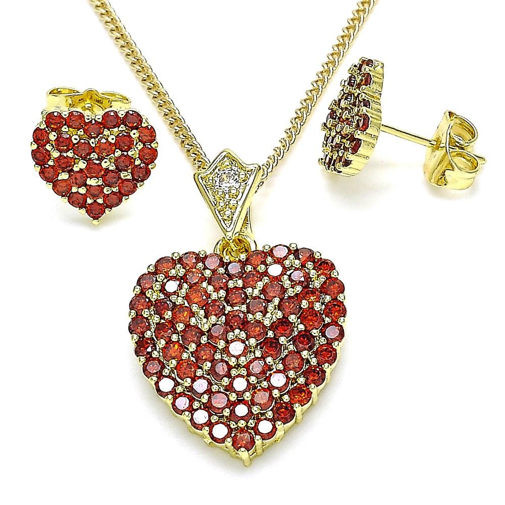 Gold Filled Earring and Pendant Set Heart Design With Garnet Cubic Zirconia Polished Finish Golden Tone