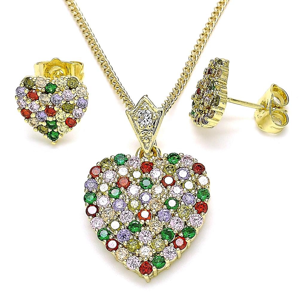 Gold Filled Earring and Pendant Set Heart Design With Multicolor Cubic Zirconia Polished Finish Golden Tone