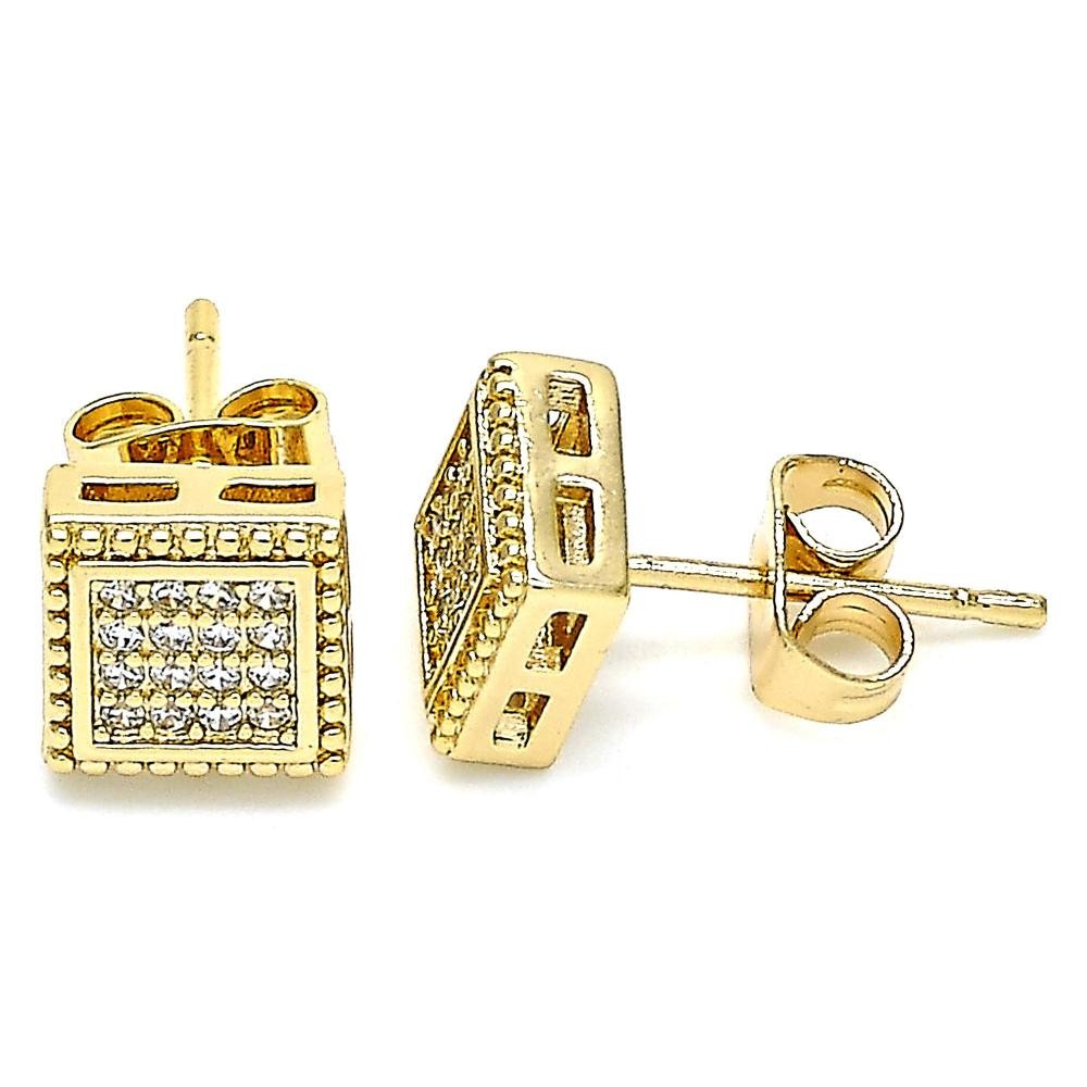 Gold Filled Stud Earrings With White Micro Pave Polished Finish Golden Tone