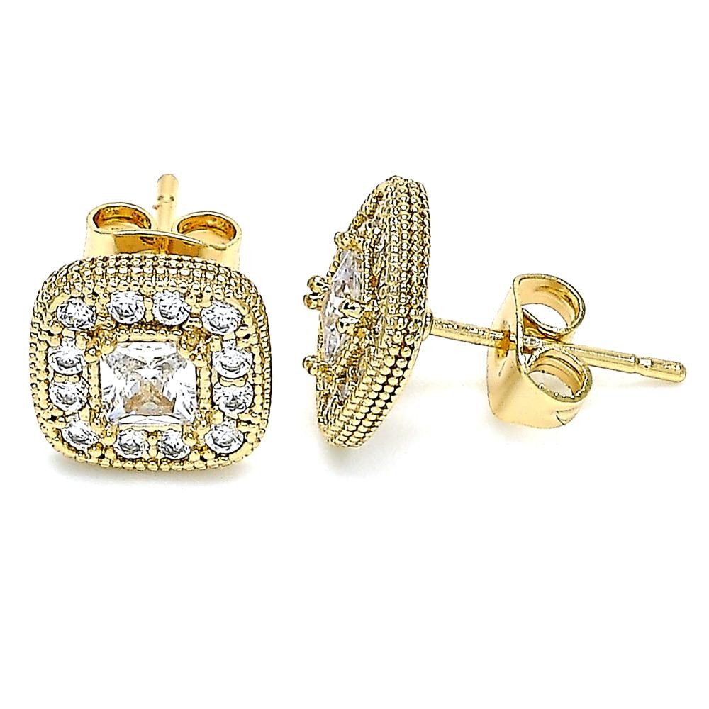 Gold Filled Stud Earrings with White Micro Pave Polished Golden Tone