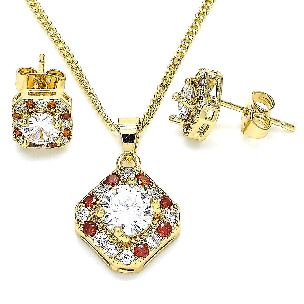 Gold Filled Earring and Pendant Set With Garnet and White Micro Pave Polished Finish Golden Tone