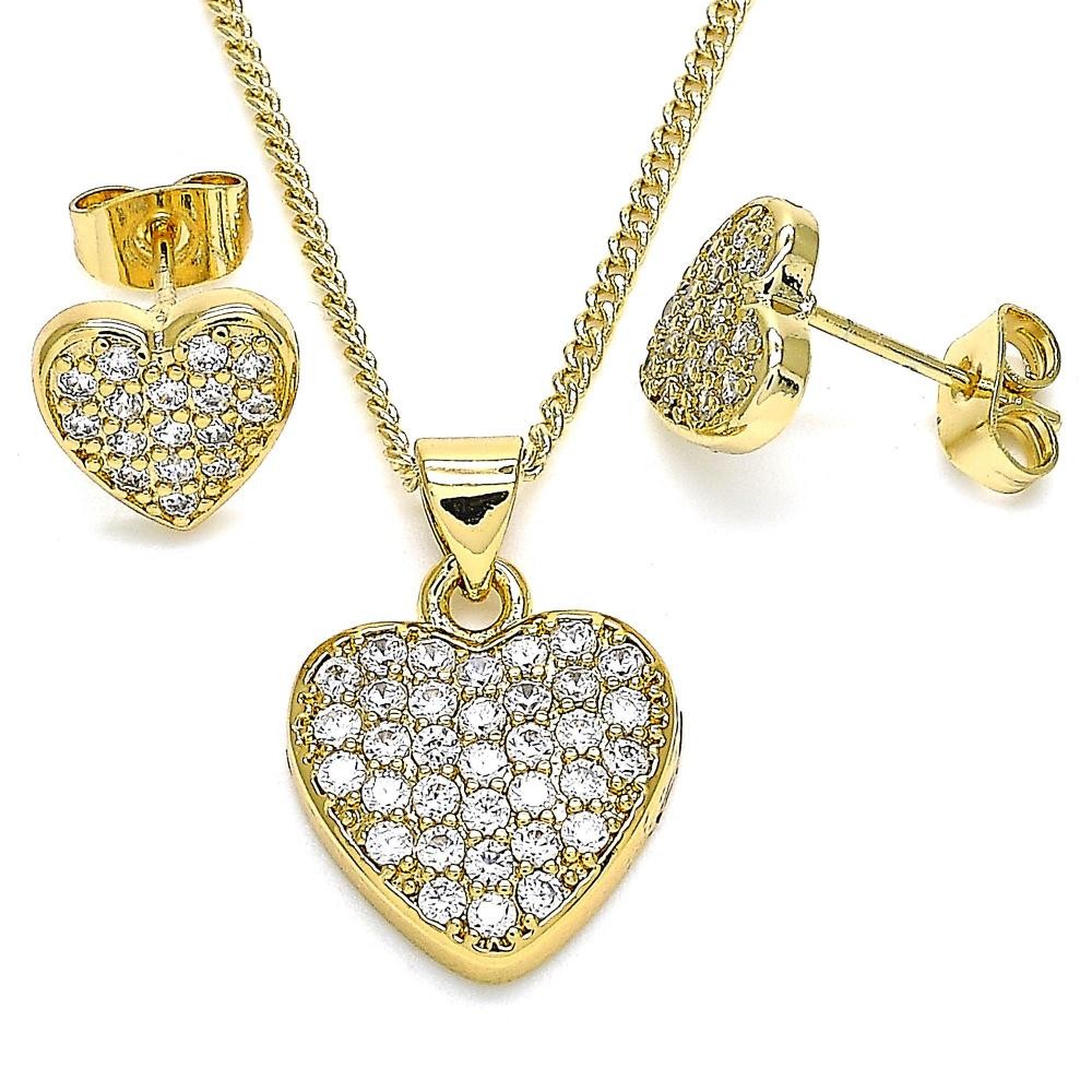 Gold Filled Earring and Pendant Adult Set Heart Design With White Micro Pave Polished Finish Golden Tone