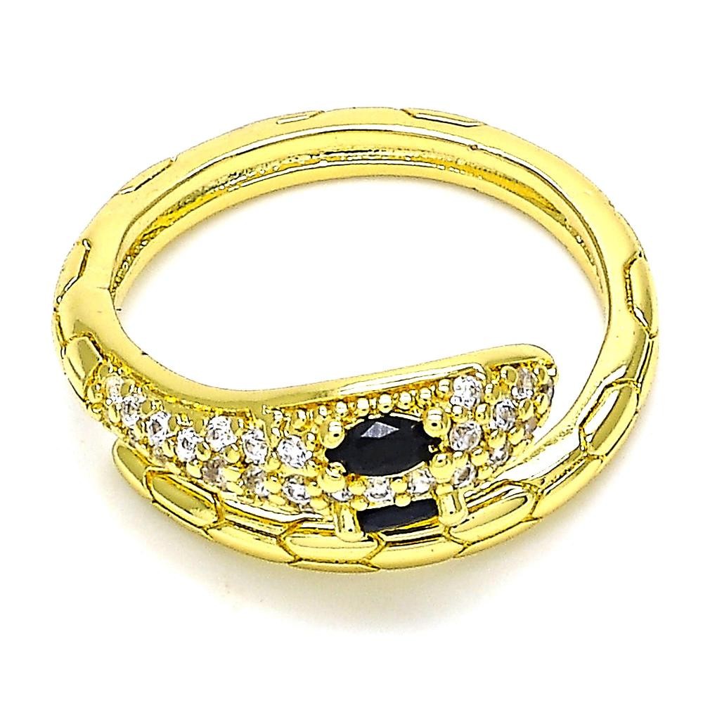 Gold Multi Stone Ring Snake Design With Black and White Micro Pave Polished Finish Golden Tone (One size fits all)