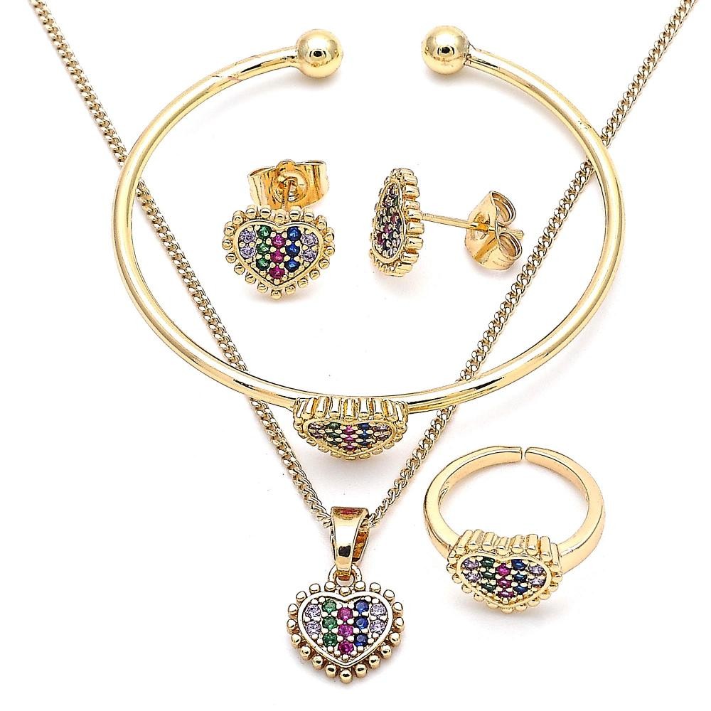 Gold Filled Earring and Pendant Children Set Heart Design With Multicolor Micro Pave Polished Finish Golden Tone