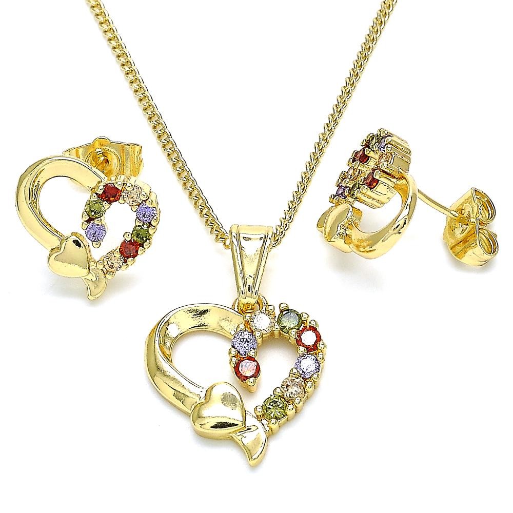 Gold Filled Earring and Pendant Set Heart Design With Multicolor Cubic Zirconia Polished Finish Golden Tone