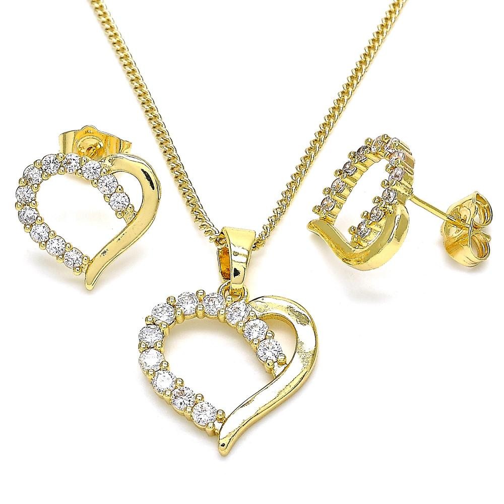 Gold Filled Earring and Pendant Adult Set Heart Design With White Cubic Zirconia Polished Finish Golden Tone