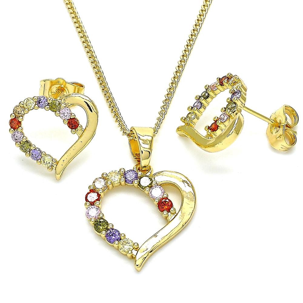 Gold Filled Earring and Pendant Set Heart Design With Multicolor Cubic Zirconia Polished Finish Golden Tone