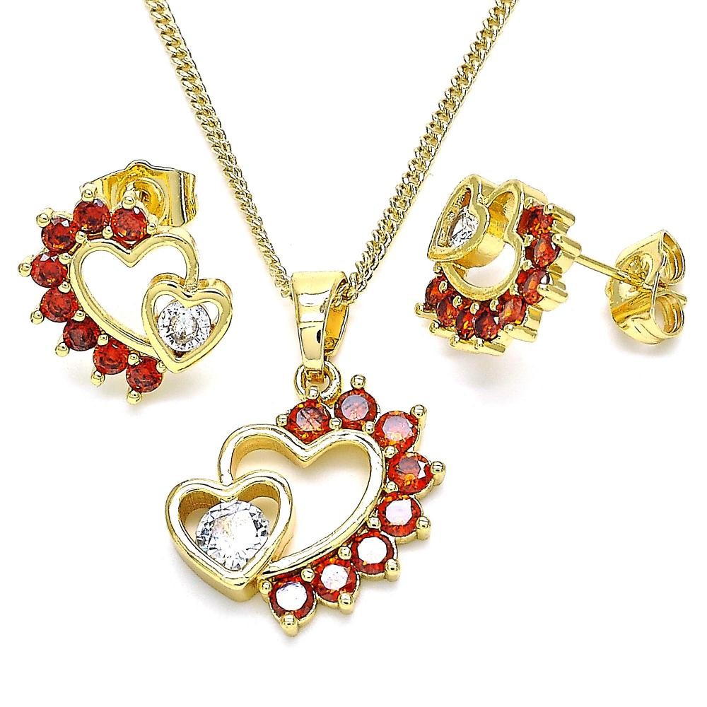 Gold Filled Earring and Pendant Set Heart Design With Garnet and White Cubic Zirconia Polished Finish Golden Tone
