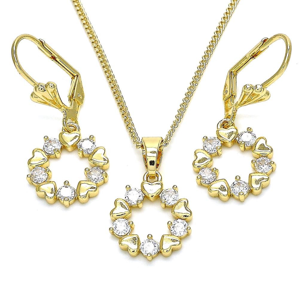 Gold Filled Earring and Pendant Set Heart Design With White Cubic Zirconia Polished Finish Golden Tone