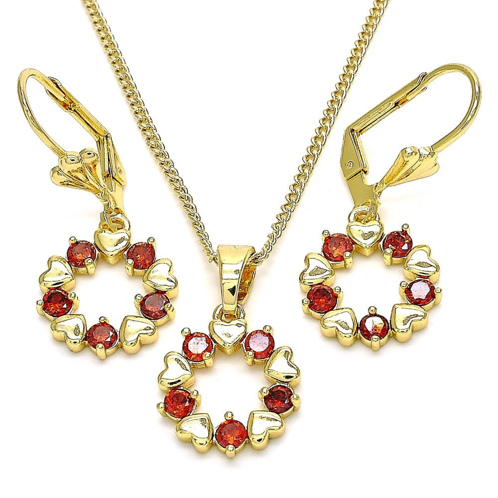 Gold Filled Earring and Pendant Set Heart Design With Garnet Cubic Zirconia Polished Finish Golden Tone
