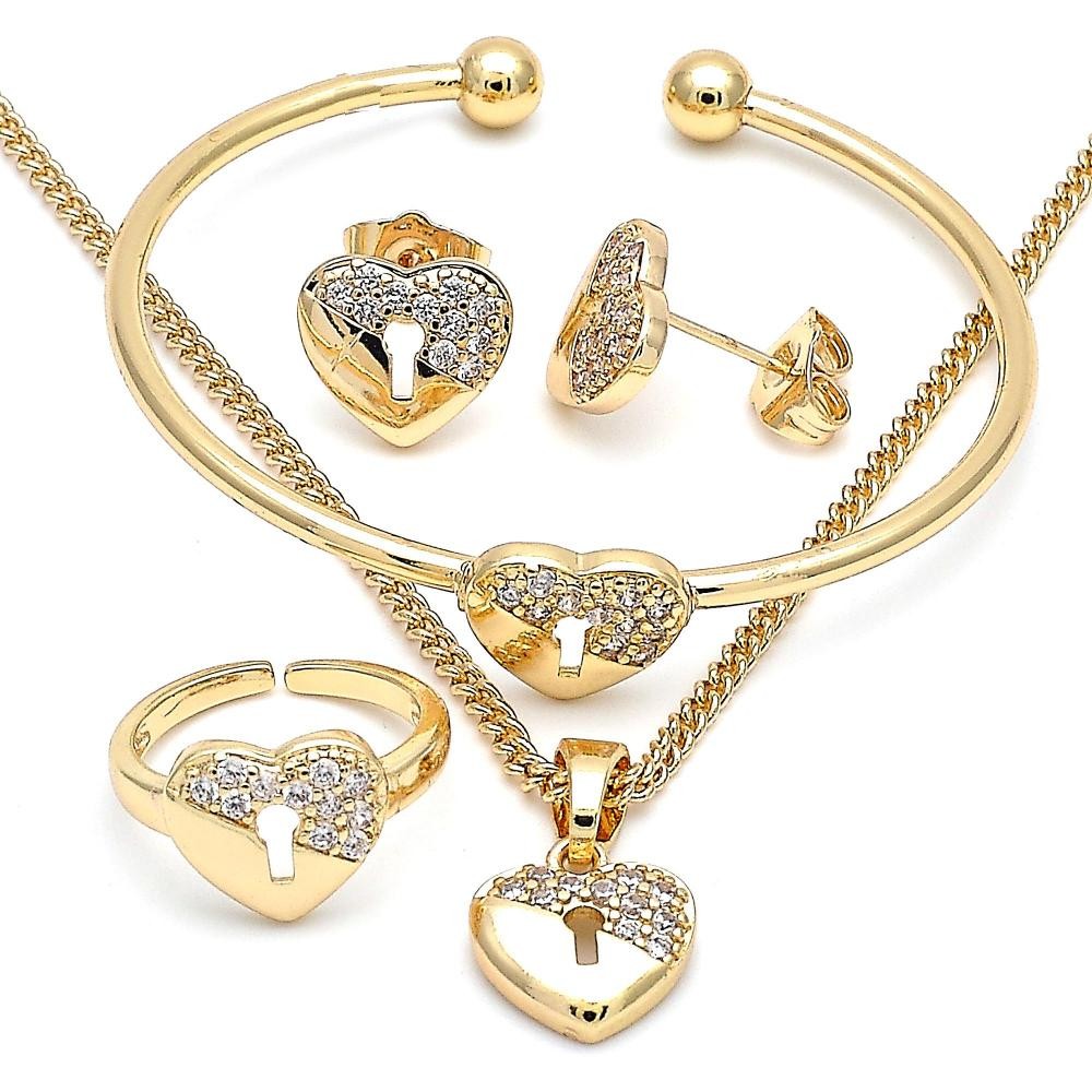 Gold Filled Earring and Pendant Children Set Heart and Lock Design With White Micro Pave Polished Finish Golden Tone
