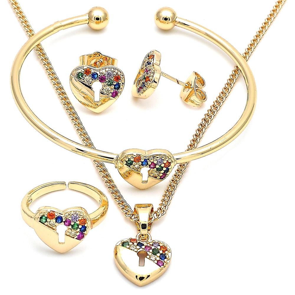 Gold Filled Earring and Pendant Children Set Heart and Lock Design With Multicolor Micro Pave Polished Finish Golden Tone