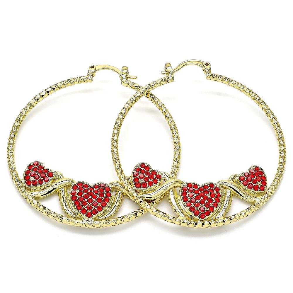 Gold Filled 50mm Large Hoop Heart Design With Garnet Crystal Diamond Cutting Finish Golden Tone