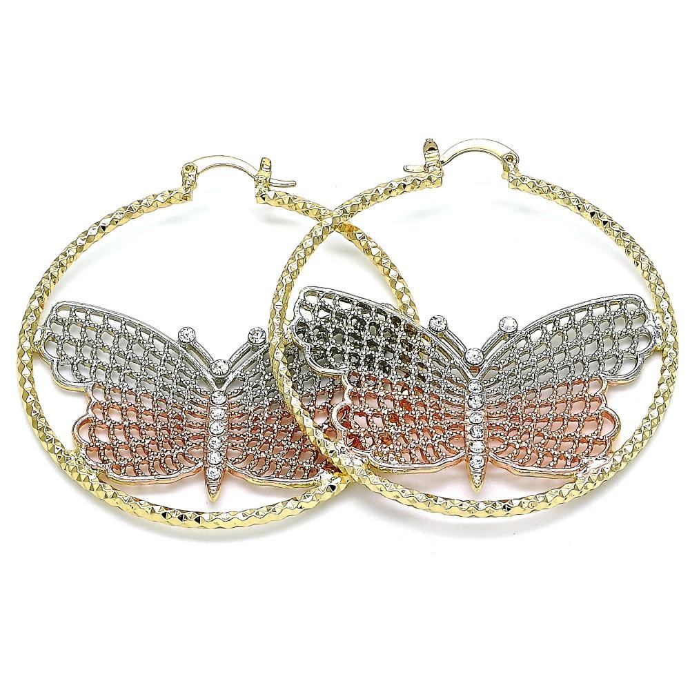 Gold Filled 50mm Large Hoop Butterfly Design With White Crystal Diamond Cutting Finish Tri Tone