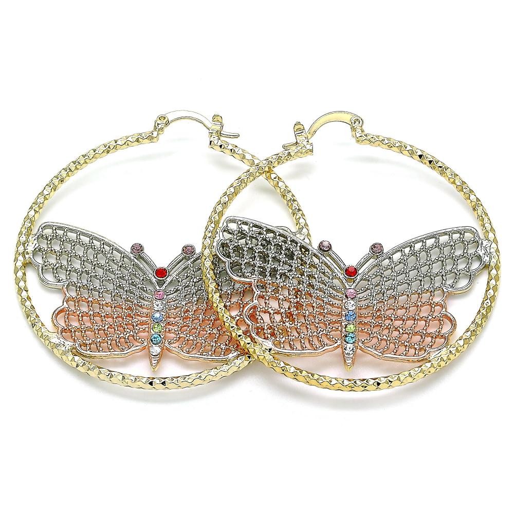 Gold Filled 50mm Large Hoop Earrings Butterfly Design With Multicolor Crystal Diamond Cutting Finish Tri Tone