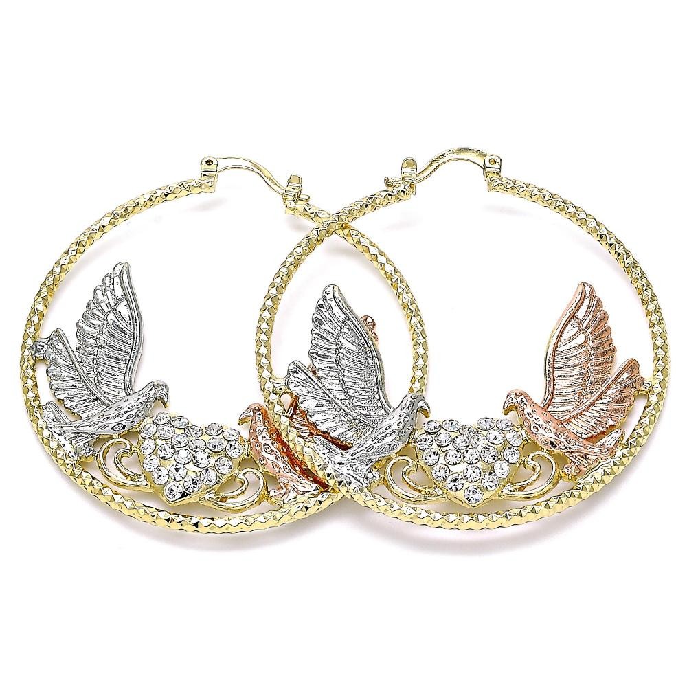 Gold Filled 50mm Large Hoop Earrings Bird and Heart Design With White Crystal Diamond Cutting Finish Tri Tone