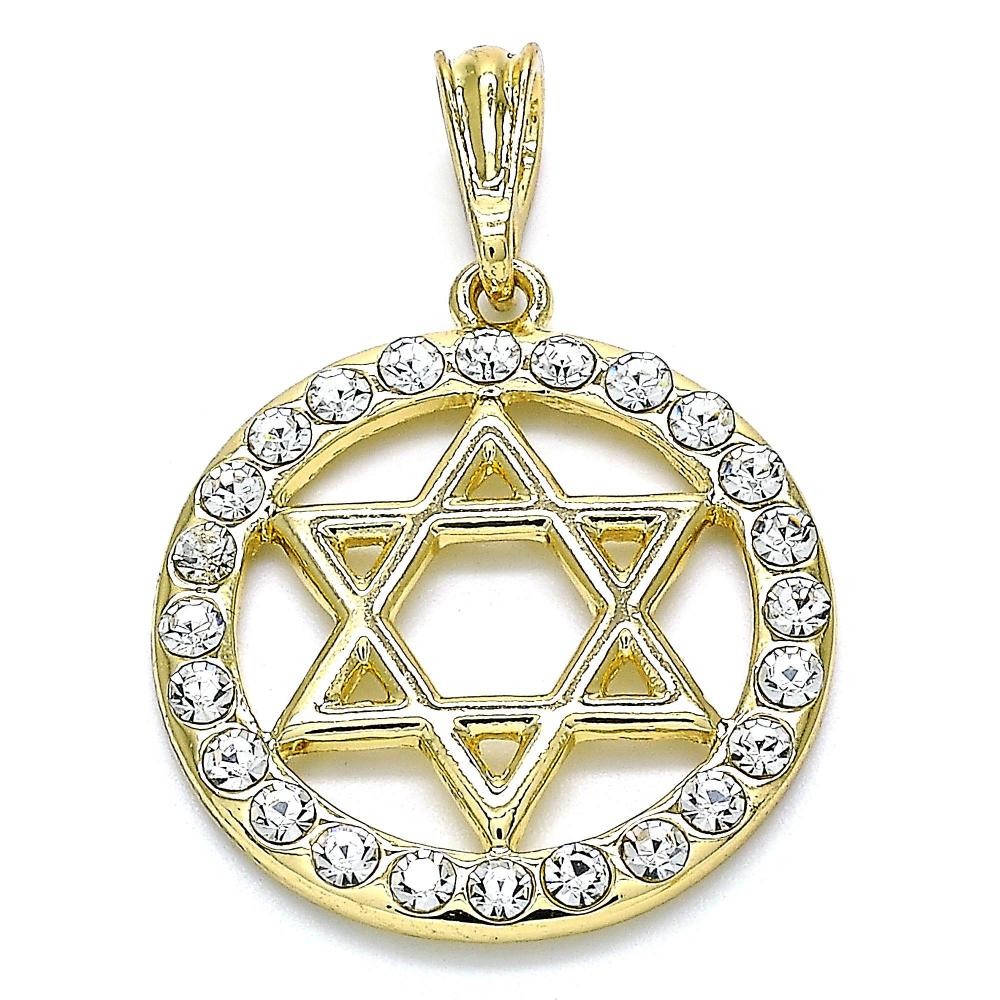 Gold Filled Religious Pendant Star of David Design With White Crystal Polished Finish Golden Tone