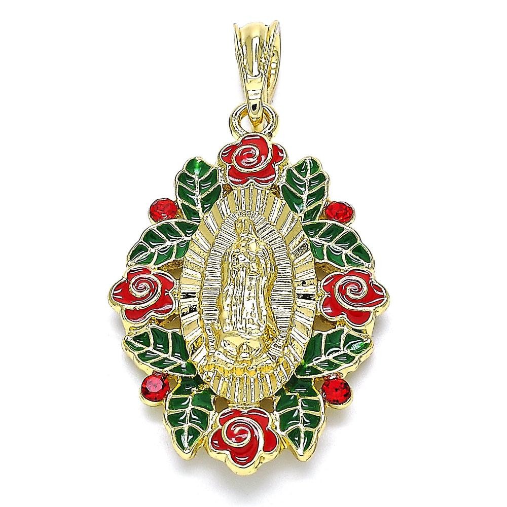 Gold Filled Religious Pendant Guadalupe and Flower Design Multicolor Enamel Finish Golden Tone