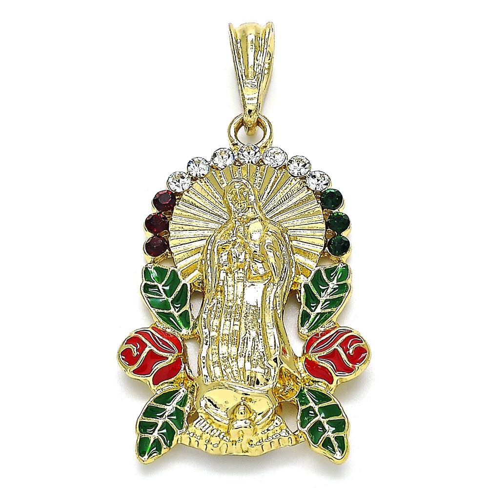 Gold Filled Religious Pendant Guadalupe Design With Multicolor Crystal Red Enamel Finish Golden Tone