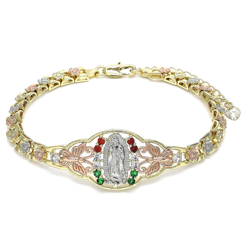 Gold Filled Fancy Bracelet Guadalupe Design With White and Multicolor Crystal Polished Finish Tri Tone