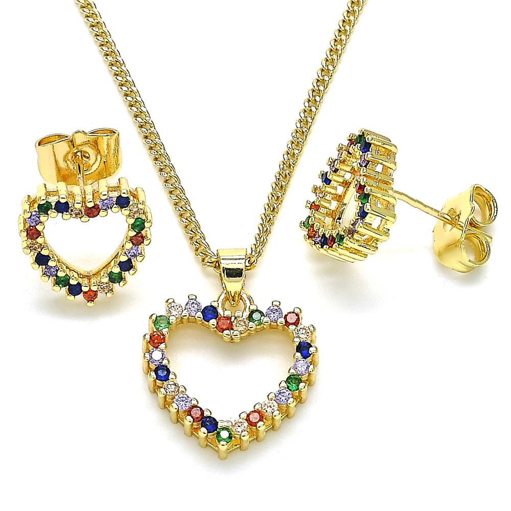 Gold Filled Earring and Pendant Set Heart Design With Multicolor Micro Pave Polished Finish Golden Tone