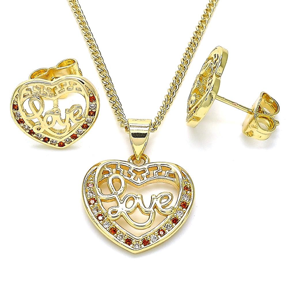 Gold Filled Earring and Pendant Set Heart and Love Design With Garnet and White Micro Pave Polished Finish Golden Tone