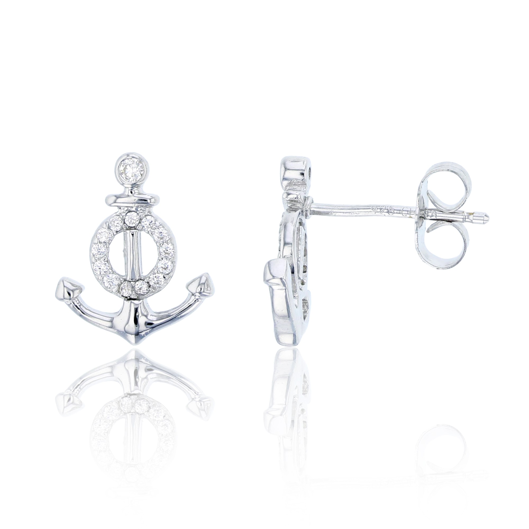 925 Sterling Silver Anchor Pave Stud Earring