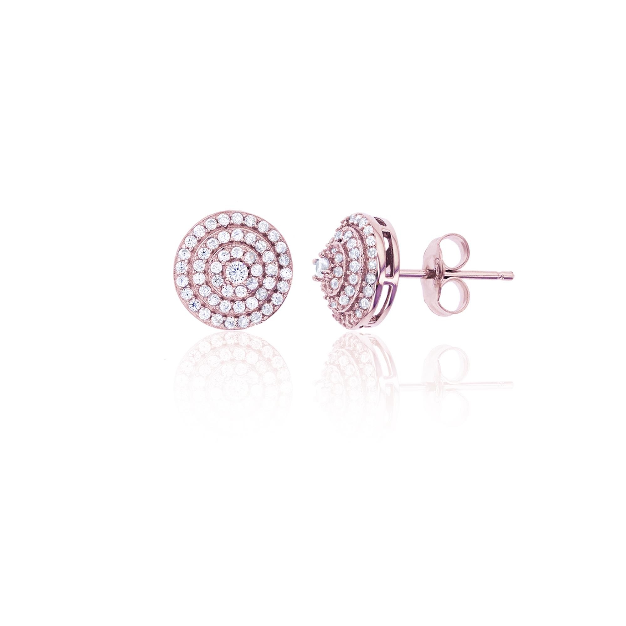 925 Sterling Silver Rose Gold Plated Pave Round CZ Multi Row Circle Stud Earring