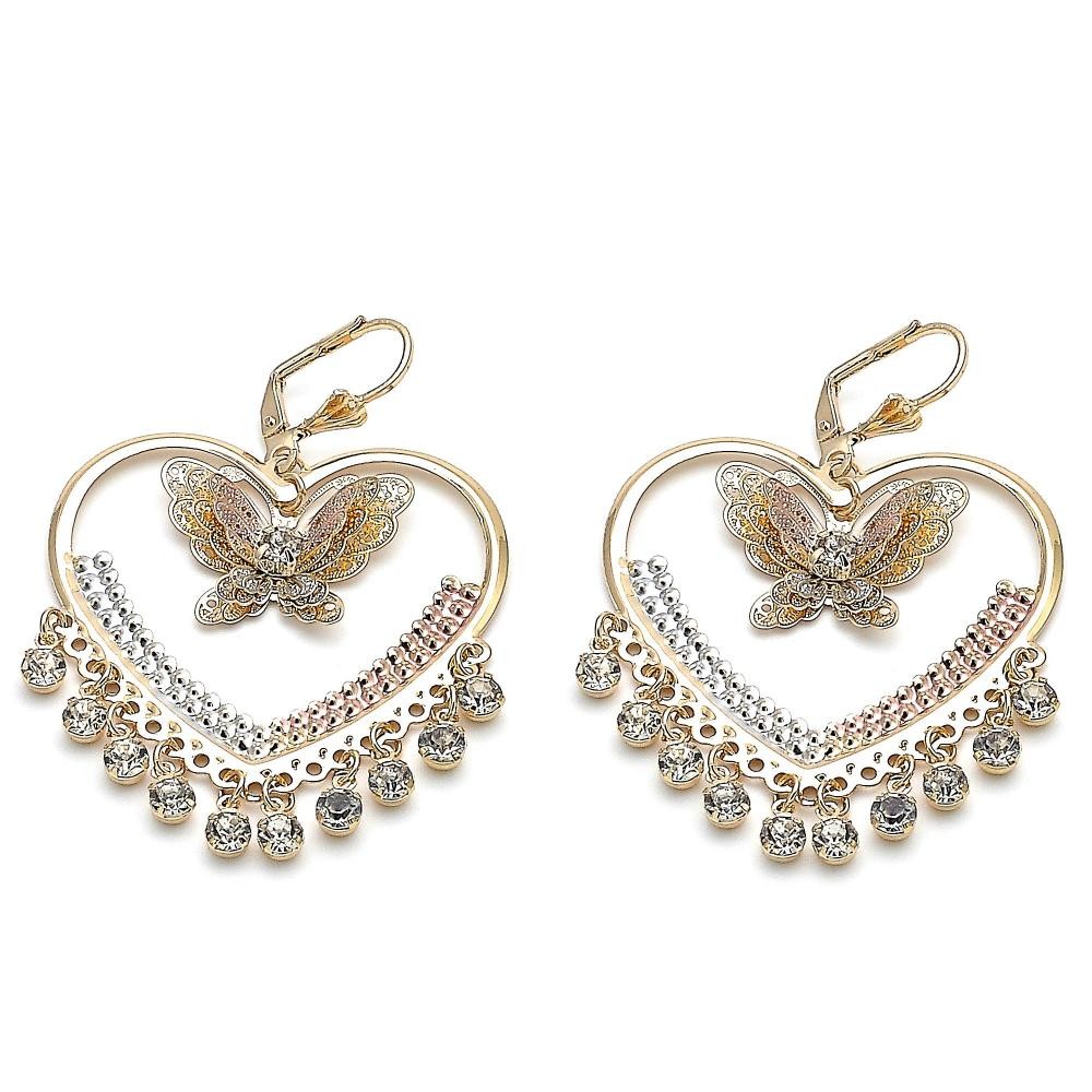 Gold Filled Long Earring Butterfly and Heart Design With White Crystal Polished Finish Tri Tone