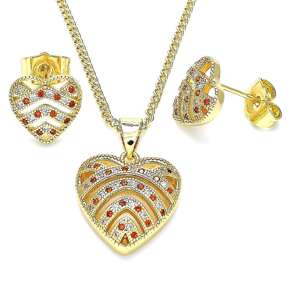 Gold Filled Earring and Pendant Set Heart Design With Garnet and White Micro Pave Polished Finish Golden Tone