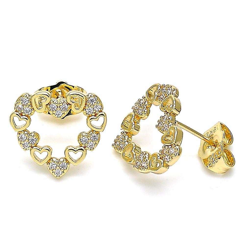 Gold Filled Heart Design Stud Earring With White Micro Pave Polished Finish Golden Tone