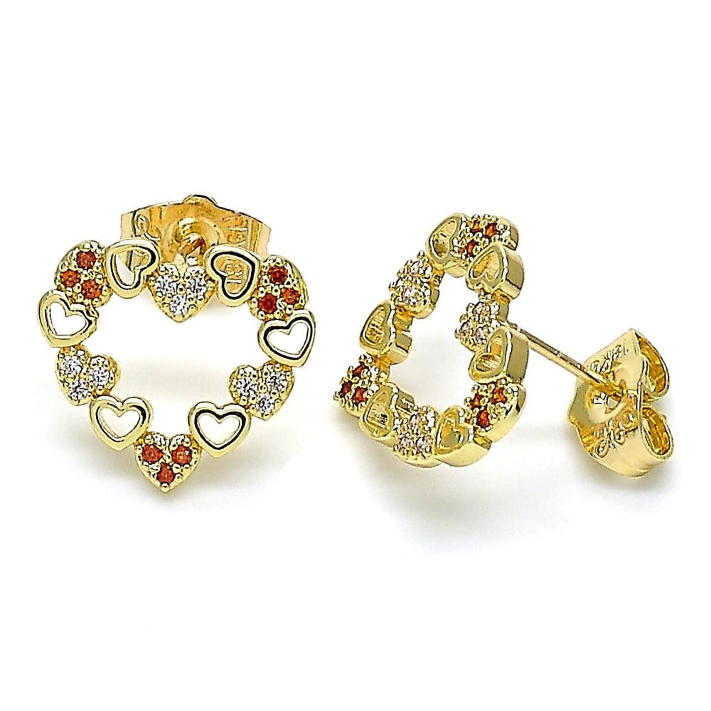 Gold Filled Heart Design Stud Earrings With Garnet and White Micro Pave Polished Finish Golden Tone