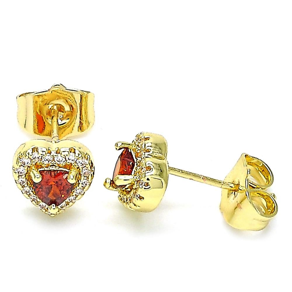 Gold Filled Stud Earrings Heart Design with Garnet Cubic Zirconia and White Micro Pave Polished Golden Tone