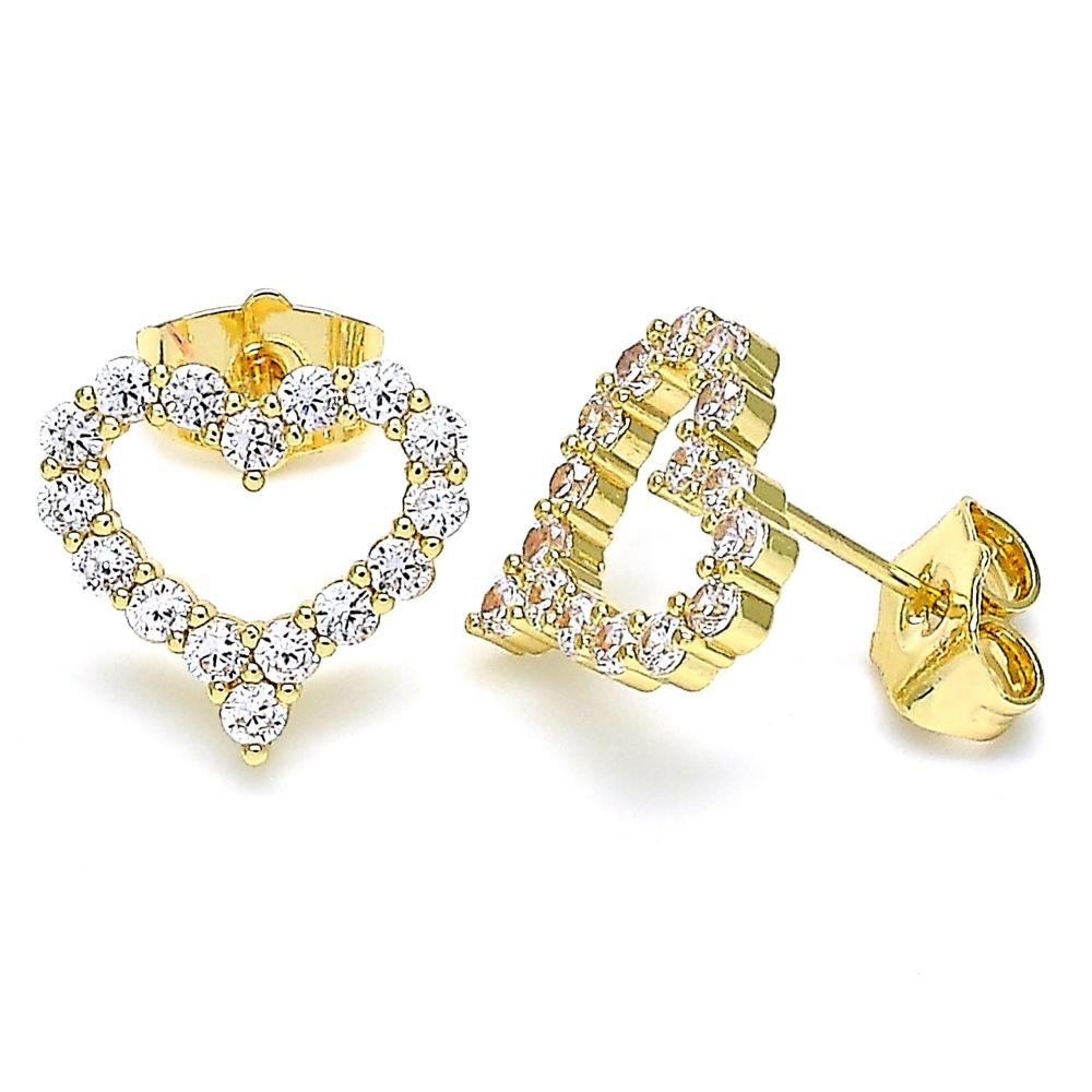 Gold Filled Heart Design Stud Earrings With White Micro Pave Polished Finish Golden Tone