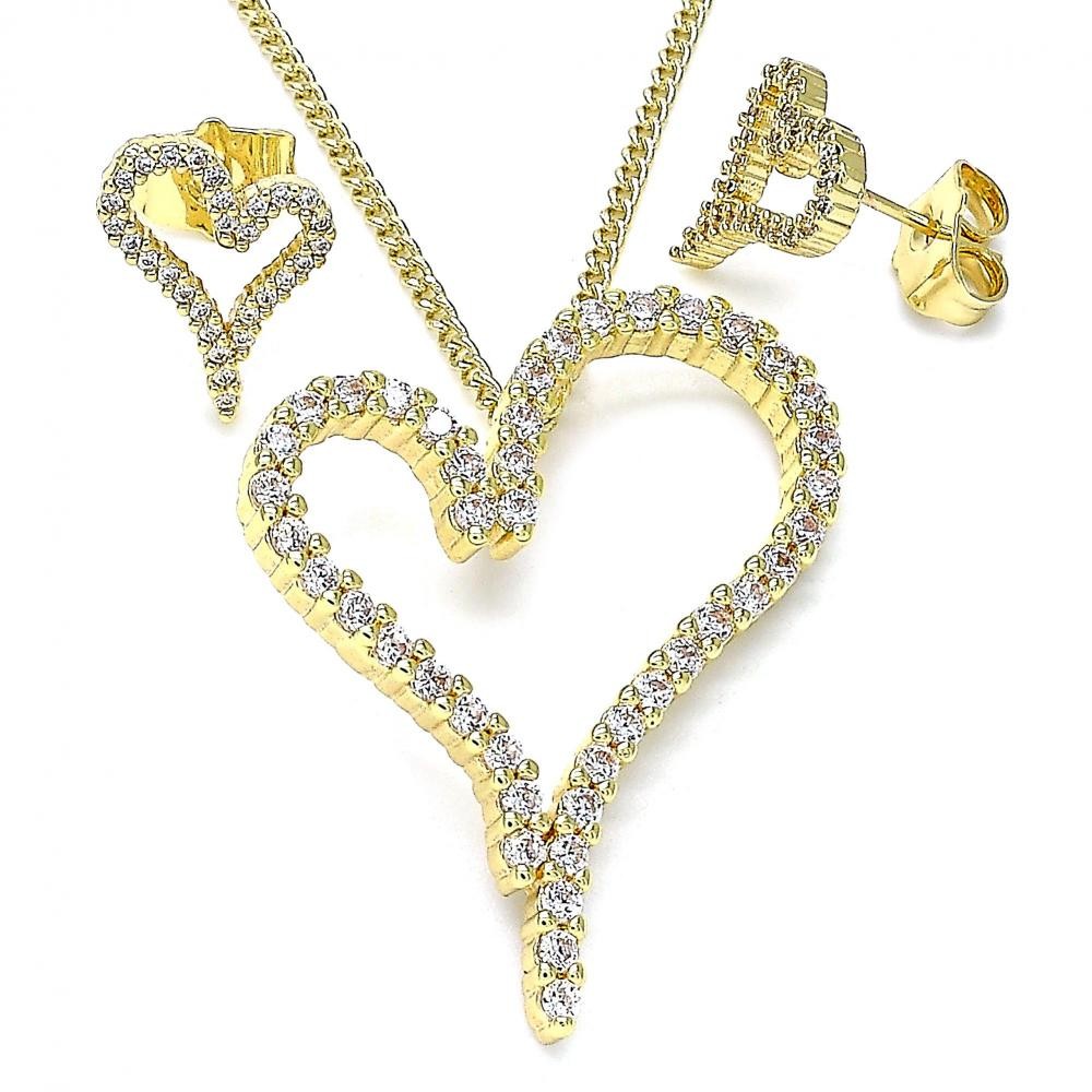 Gold Filled Earring and Pendant Adult Set Heart Design With White Cubic Zirconia Polished Finish Golden Tone