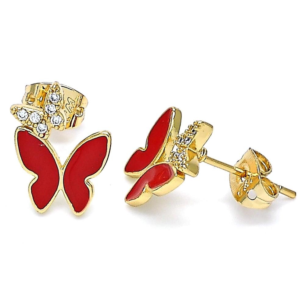Gold Filled Stud Earrings Butterfly Design With White Micro Pave Red Enamel Finish Golden Tone