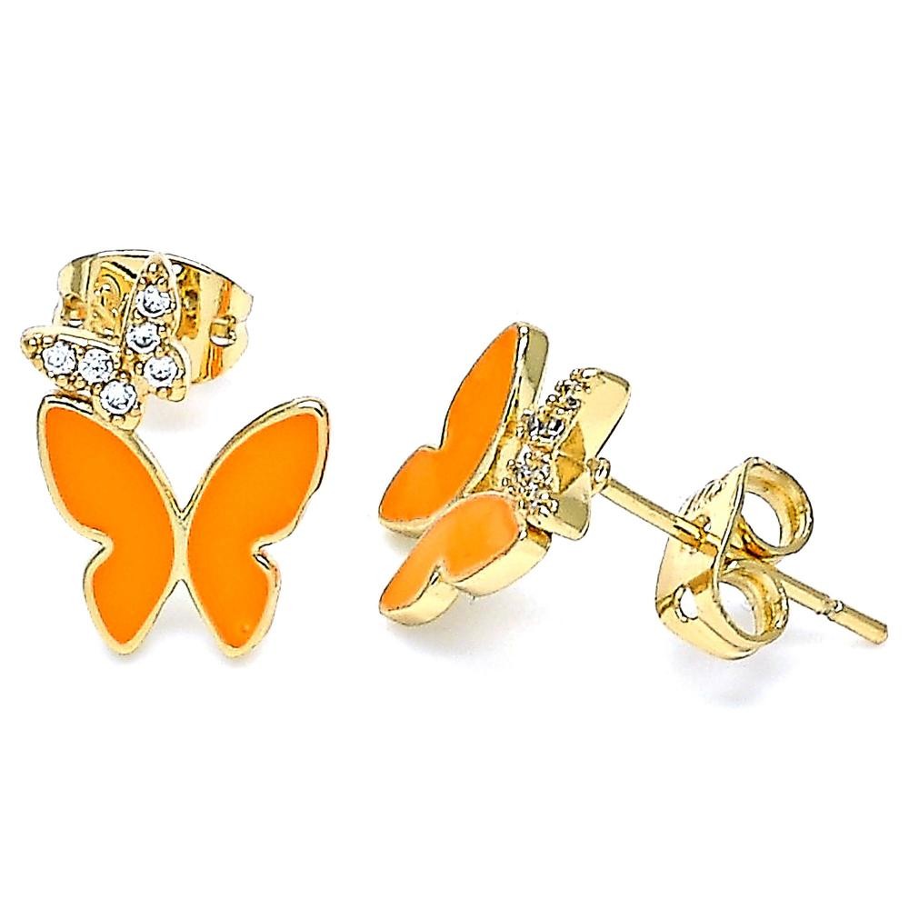Gold Filled Stud Earrings Butterfly Design With White Micro Pave Orange Enamel Finish Golden Tone