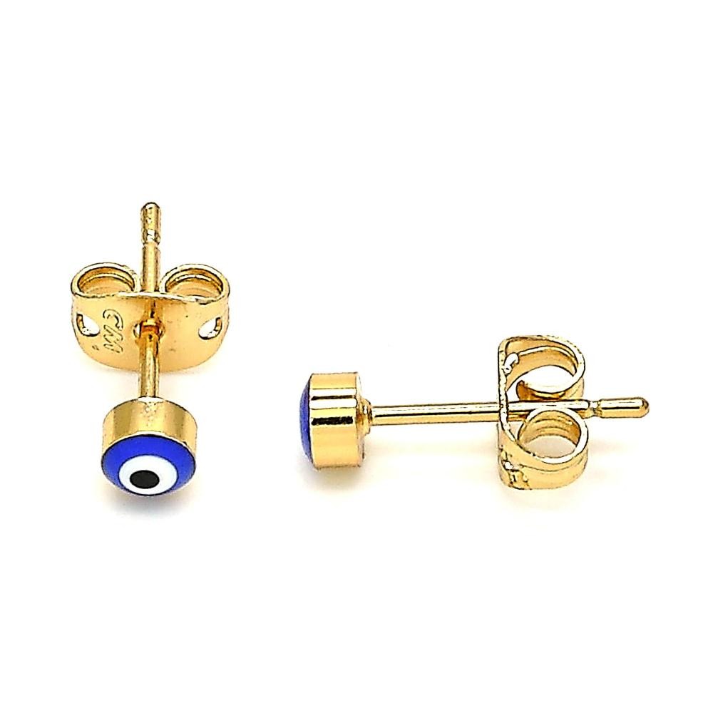 Gold Filled Greek Eye Design Stud Earring Blue Enamel Finish Golden Tone