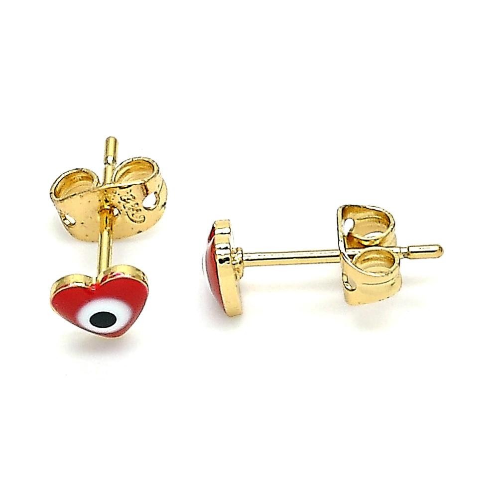 Gold Filled Greek Eye and Heart Design Stud Earring Red Enamel Finish Golden Tone