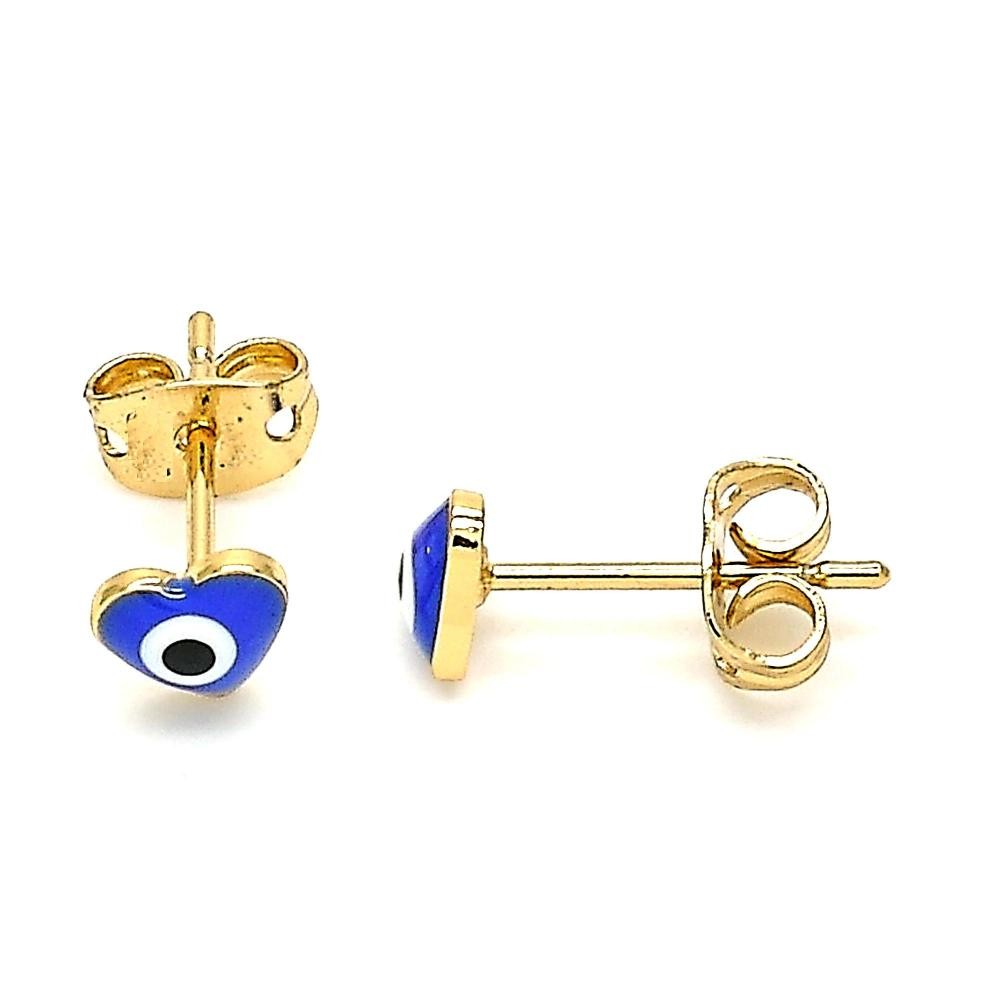 Gold Filled Greek Eye and Heart Design Stud Earring Blue Enamel Finish Golden Tone