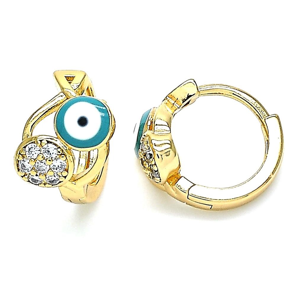 Gold Filled Huggie Hoop Earrings Greek Eye and Fish Design With White Cubic Zirconia Green Enamel Finish Golden Tone