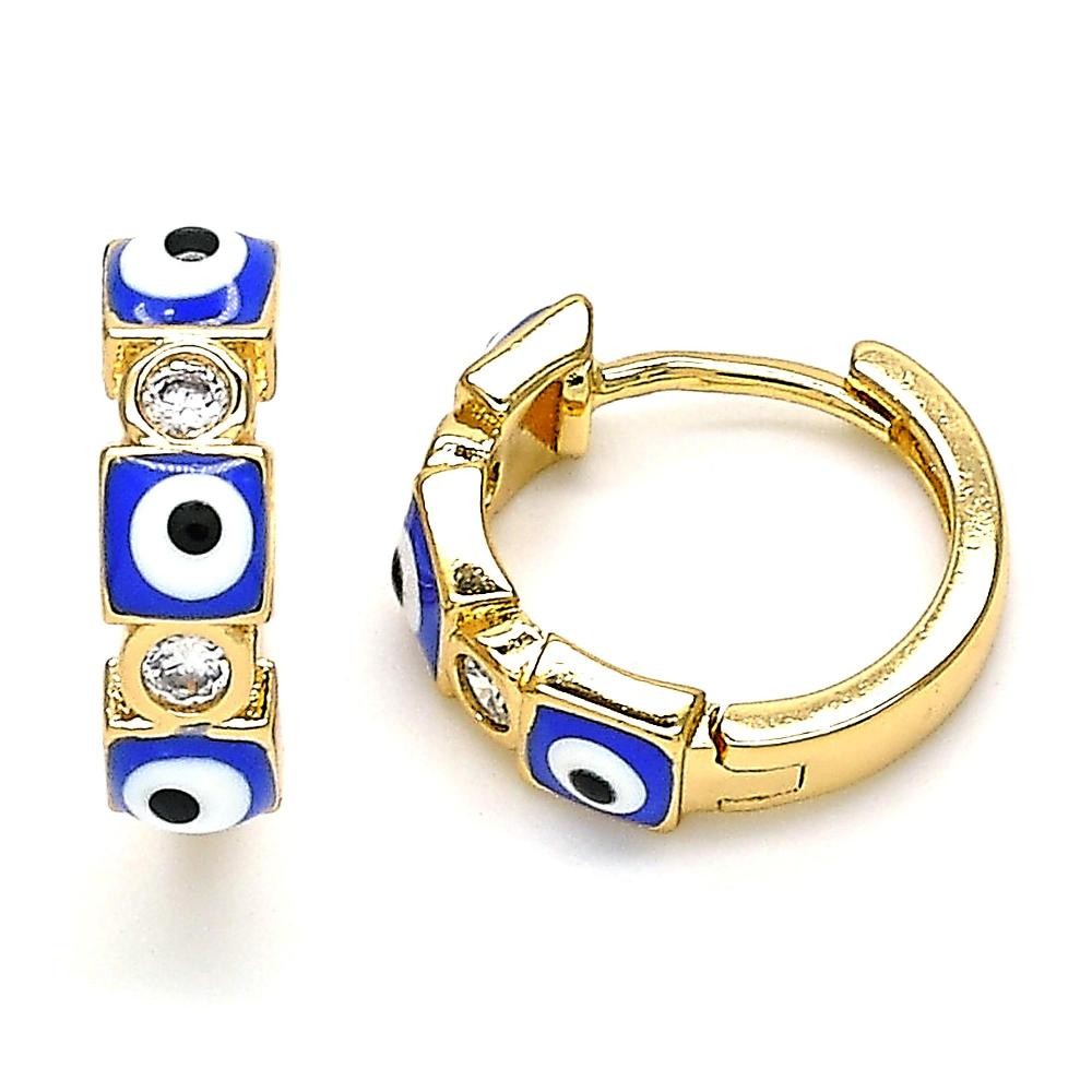 Gold Filled Huggie Hoop Earrings Greek Eye Design With White Cubic Zirconia Blue Enamel Finish Golden Tone
