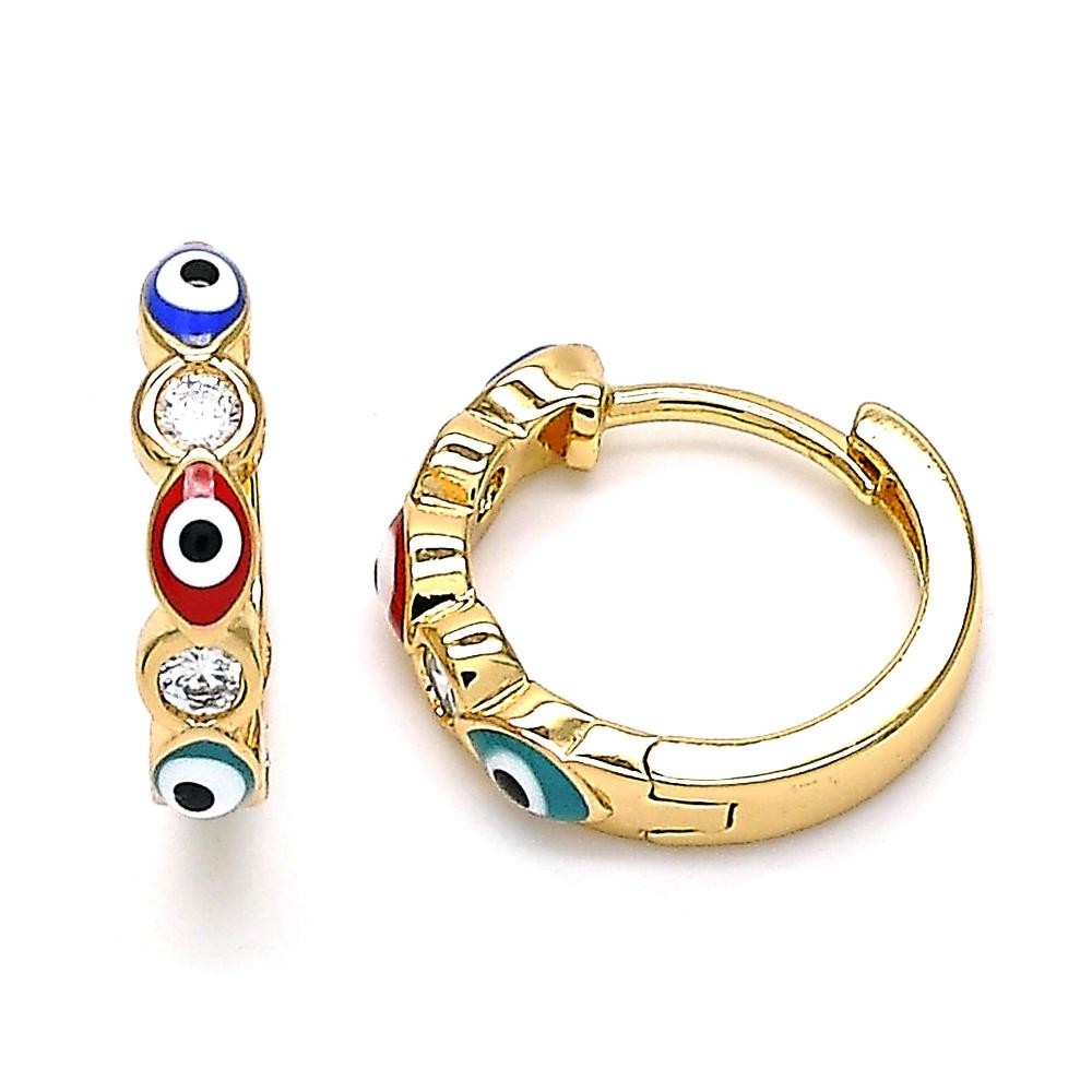 Gold Filled Huggie Hoop Earrings Greek Eye Design With White Cubic Zirconia Multi Color Enamel Finish Golden Tone