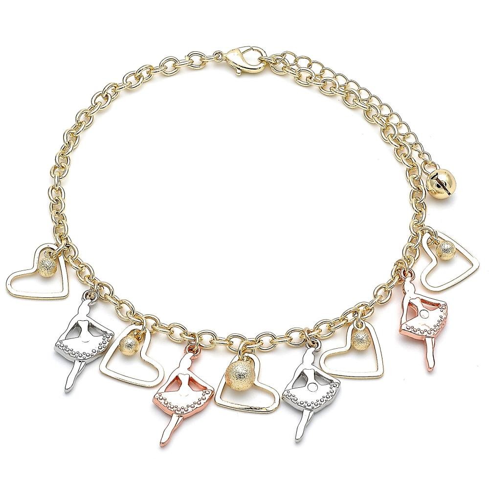 Gold Filled Charm Anklet Heart & Ballerina Charm Design Polished Finish Tri Tone
