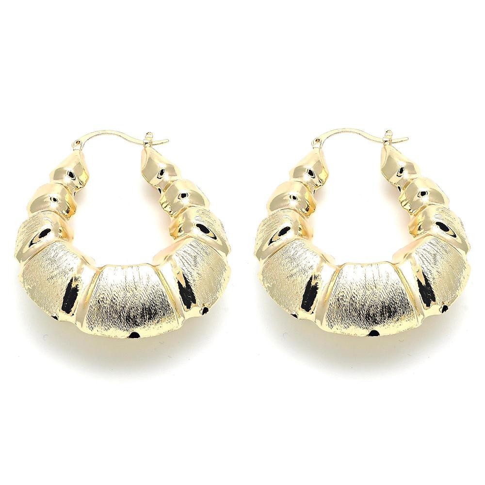 Gold Filled 45mm Large Hoop Earrings Bamboo and Hollow Design Brushed Finish Golden Tone