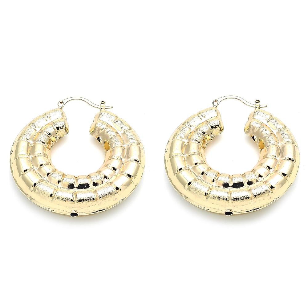 Gold Filled.50mm Large Hoop Earrings Bamboo and Hollow Design Brushed Finish Golden Tone