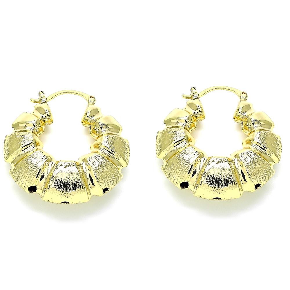 Gold Filled 35mm Medium Hoop Earrings Bamboo and Hollow Design Brushed Finish Golden Tone